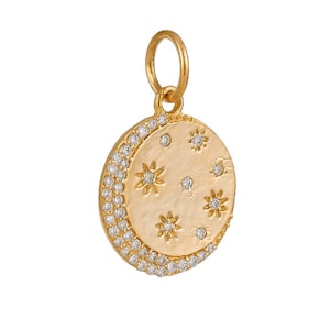 14K Solid Gold Pave Diamond Crescent Moon & Stars Medallion,  (14K-DP-078)