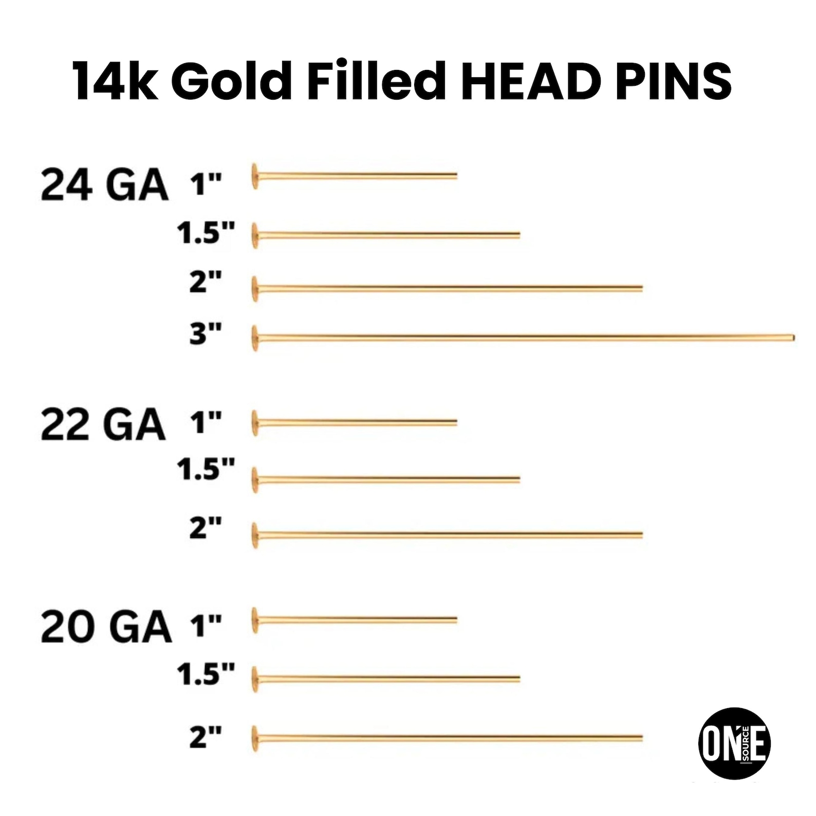 Pin Dua Inch 14k Gold Filled Head Pins, Headpins Available in 24 Ga, 22 Gauge and 20 ...