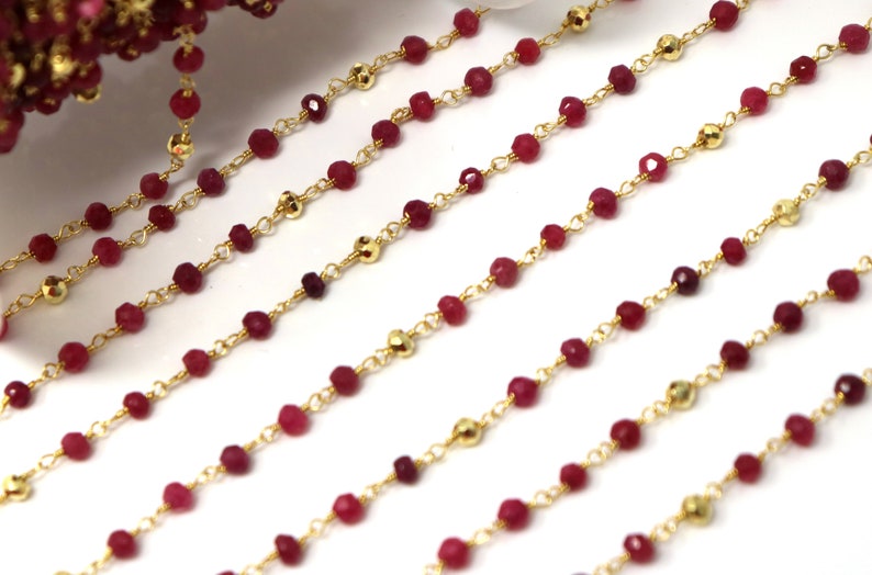 51-RBPY-RS Ruby and Gold Pyrite wire wrapped rosary chain,