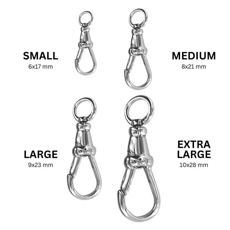 May include: Four silver-colored swivel clasps in varying sizes: Small (6x17 mm), Medium (8x21 mm), Large (9x23 mm), and Extra Large (10x28 mm). Each clasp features a ring at the top and a hook at the bottom, ideal for attaching to straps or chains.