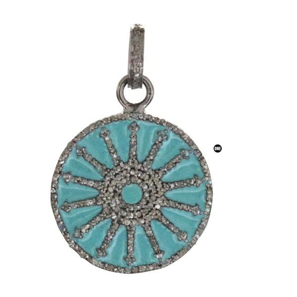 Sterling Silver, Pave Diamond Enamel Arrow Spokes wheel pendant, Pave Diamond Pendant (4087-DEM)