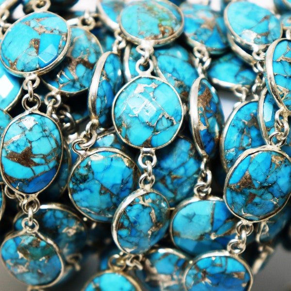 Turquoise Faceted Oval Bezel Chain, 11x15 mm, Shiny Silver, (85-TUR-BC-SIL)