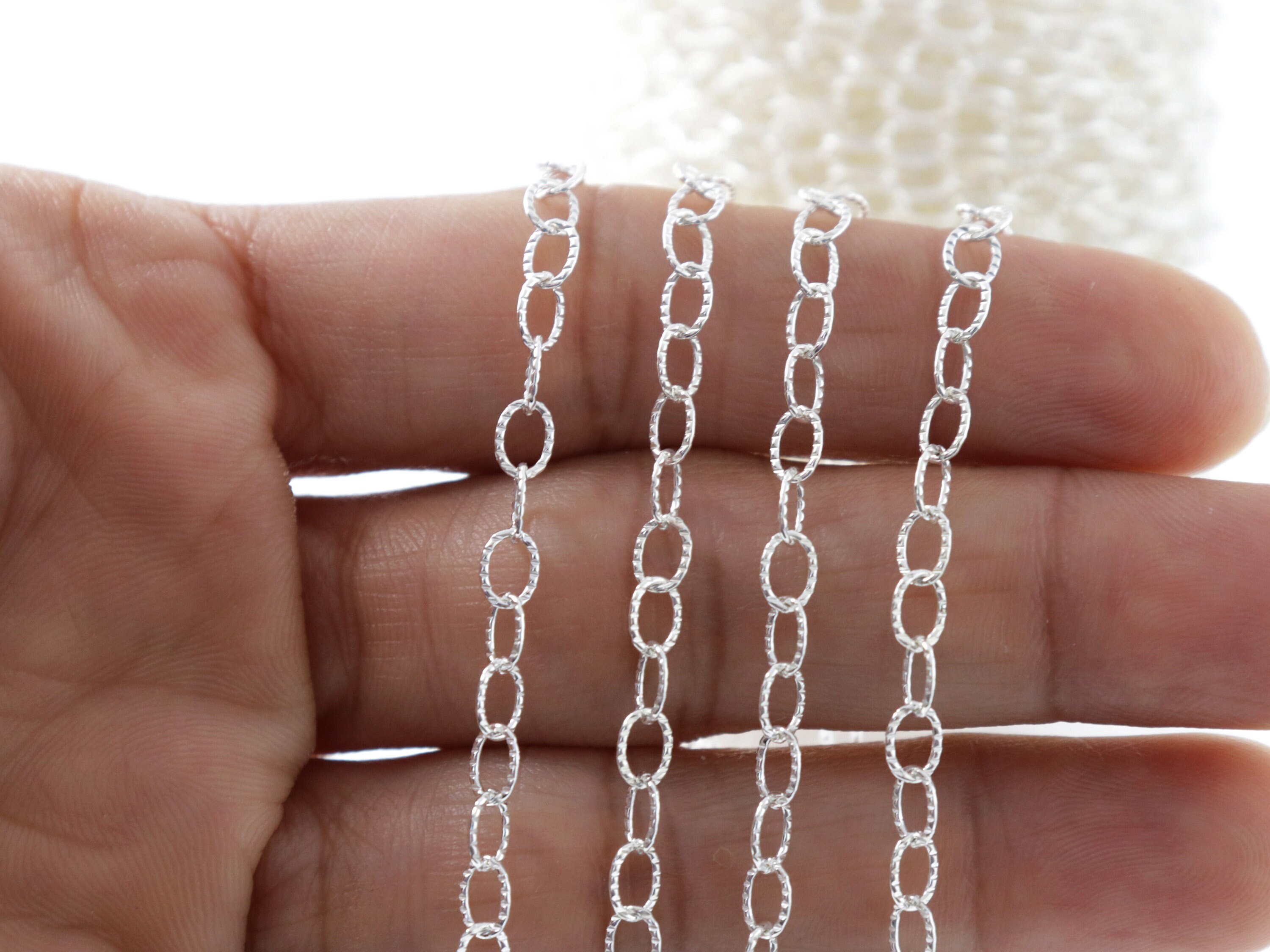 Sterling Silver Oval Textured Pattern Cable Chain, 5x3.5 Mm