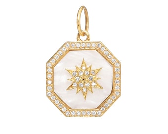 14k Solid Gold & Mother of Pearl Starburst Pendant,  (14K-DP-127)