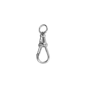 May include: A shiny, silver-colored swivel hook with a circular top and a spring-loaded clasp. The hook is designed to rotate, allowing for flexible attachment. The metal has a polished finish, reflecting light.