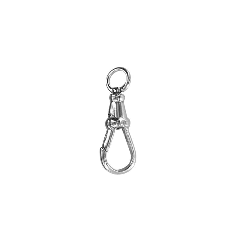 May include: A shiny, silver-colored swivel hook with a circular top and a spring-loaded clasp. The hook is designed to rotate, allowing for flexible attachment. The metal has a polished finish, reflecting light.