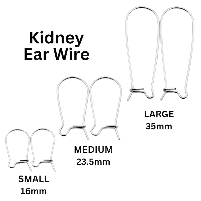 Peut inclure: Plusieurs crochets d'oreilles de type rein argent&eacute;s, disponibles en trois tailles : petit (16 mm), moyen (23,5 mm) et grand (35 mm). Le texte "Kidney Ear Wire" est affich&eacute; en haut de l'image.