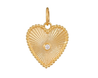 14K Solid Gold Pave Diamond Fluted Heart Medallion,  (14K-DP-079)