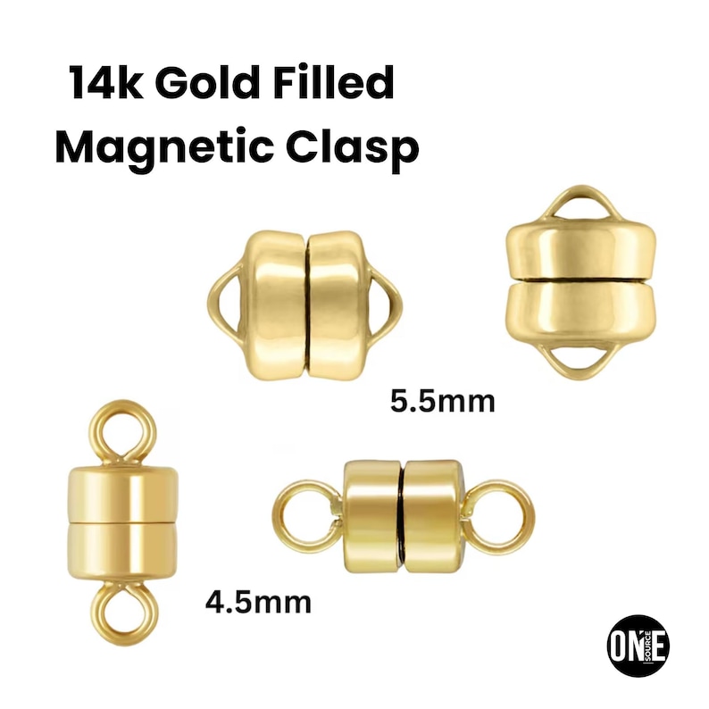 May include: Several 14k gold-filled magnetic clasps are displayed against a white background. The clasps are in various shapes and sizes, with measurements of 4.5mm and 5.5mm. The text "14k Gold Filled Magnetic Clasp" is at the top.