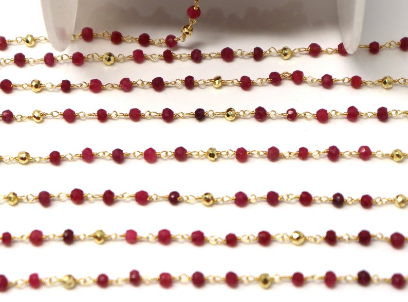 51-RBPY-RS Ruby and Gold Pyrite wire wrapped rosary chain,