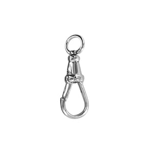 May include: A shiny, silver-colored swivel clasp with a circular top ring and a spring-loaded hook. The clasp is designed to rotate, allowing for flexible attachment. Ideal for keychains, lanyards, or other small items.