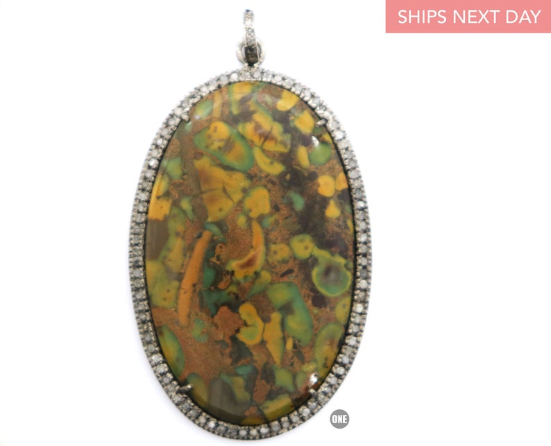 Pave Diamond Jasper Large Oval Pendant, 7077-DJP