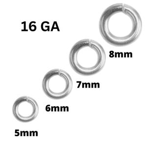 May include: A collection of silver-colored jump rings in various sizes. The image includes rings measuring 5mm, 6mm, 7mm, and 8mm, with the text "16 GA" indicating the gauge. These rings are commonly used in jewelry making and crafts.