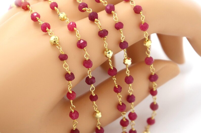 51-RBPY-RS Ruby and Gold Pyrite wire wrapped rosary chain,