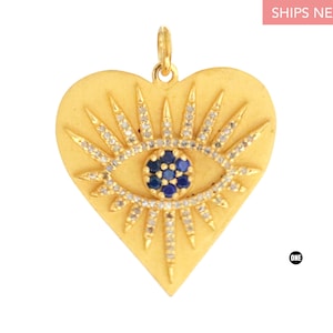 Pave Diamond Evil Eye Heart Pendant with Blue Sapphire, Heart Pendant with Gold Finish, (2406-DPL)