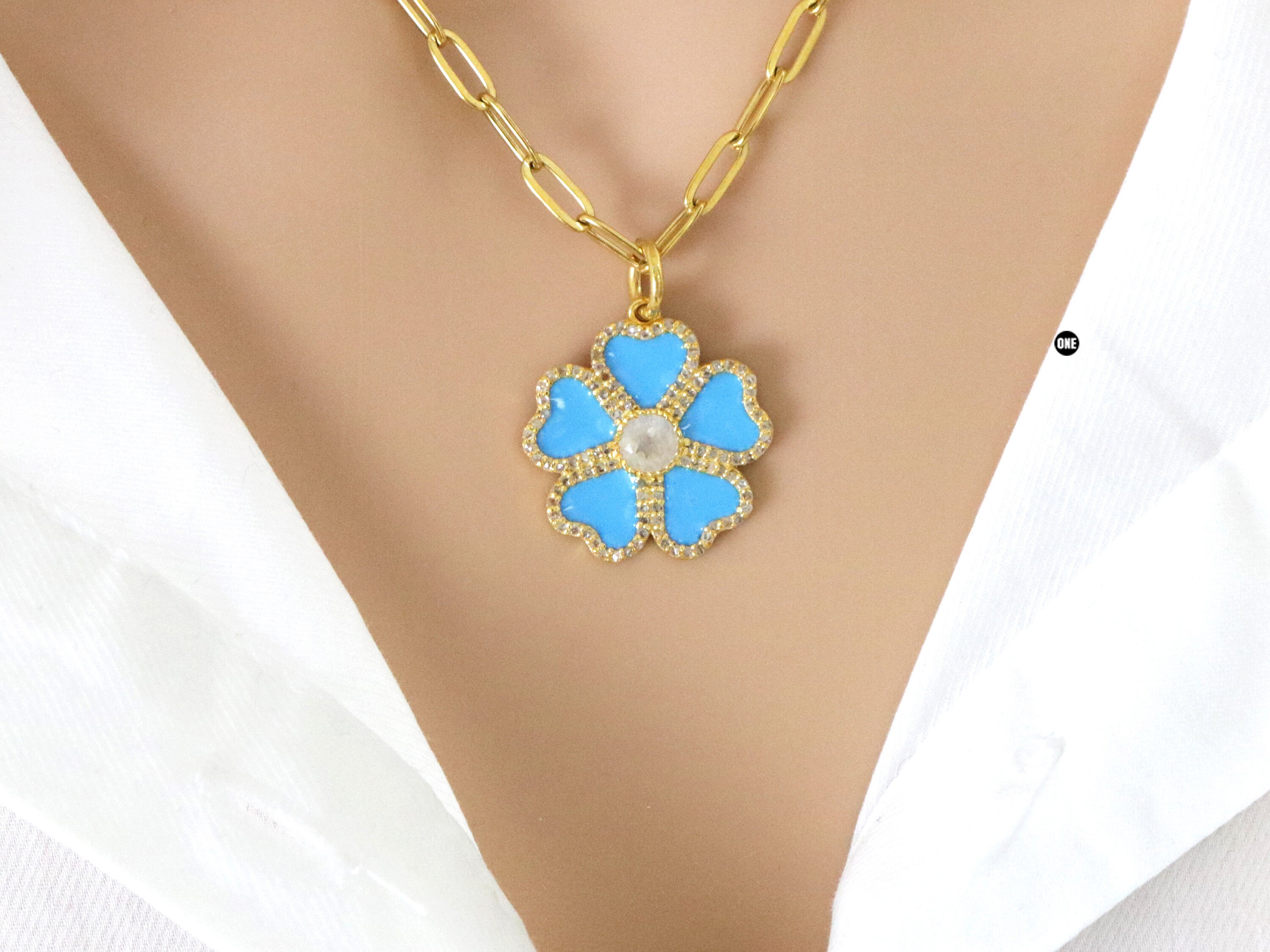 Pave Diamond Enamel Flower Pendant Pave Diamond 132-DPS - Etsy