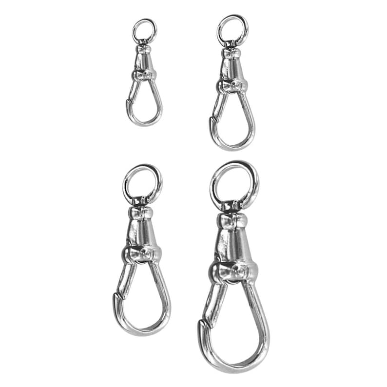 May include: Four silver-colored swivel clasps of varying sizes are displayed against a white background. Each clasp features a ring at the top, a decorative body, and a spring-loaded hook at the bottom, designed for secure attachment.
