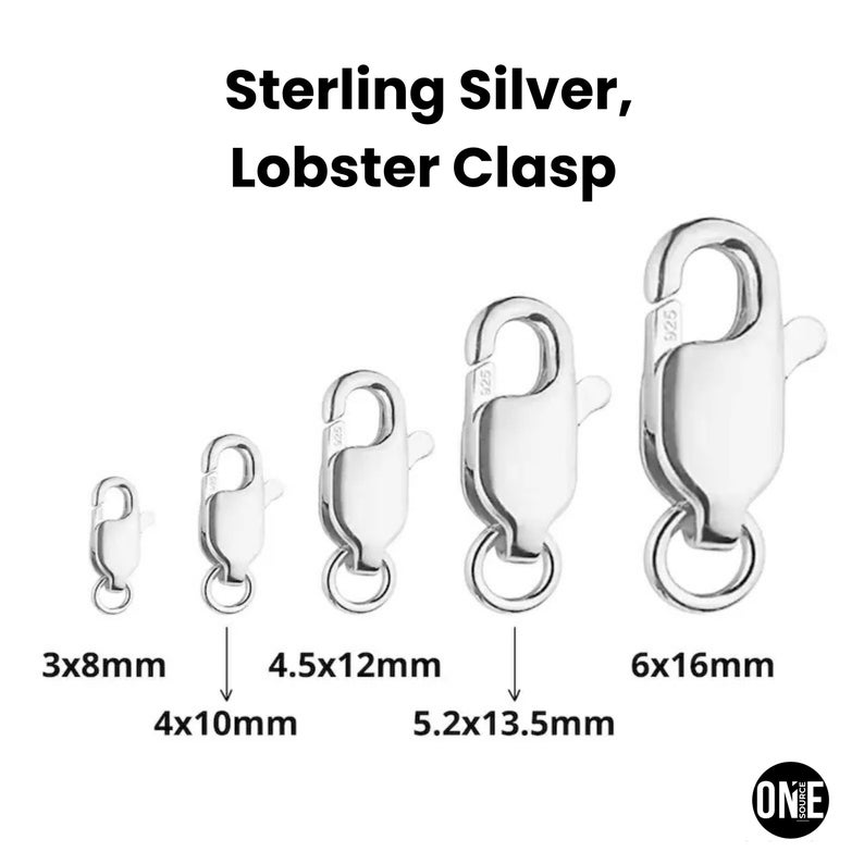 Puede incluir: Varios cierres de langosta de plata de ley en diferentes tama&ntilde;os. Las medidas son 3x8mm, 4x10mm, 4.5x12mm, 5.2x13.5mm y 6x16mm. El texto "Sterling Silver, Lobster Clasp" se muestra en la parte superior.