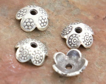 4 of Karen Hill Tribe Silver Flower Imprint Bead Caps, 9mm, (8178-TH)