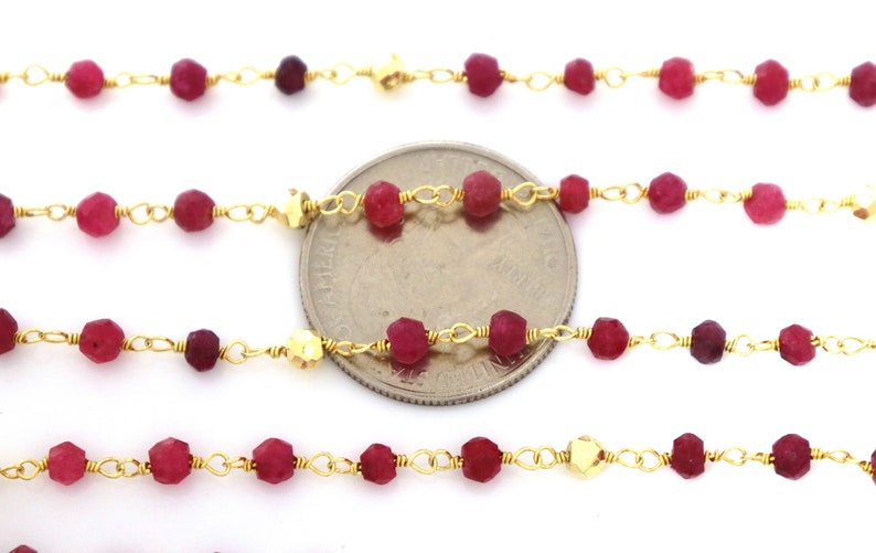 51-RBPY-RS Ruby and Gold Pyrite wire wrapped rosary chain,