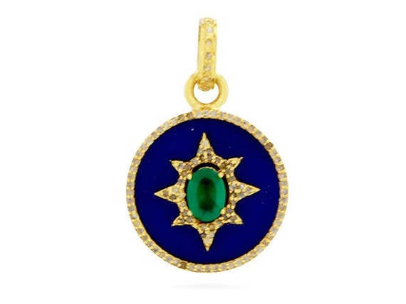 Sterling Silver, Pave Diamond Lapis Starburst Pendant w/ Dyed Emerald Center, (183-DPS)
