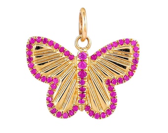Colgante de mariposa de oro macizo de 14 quilates con diamantes pavé y rubíes (14K-DP-025)