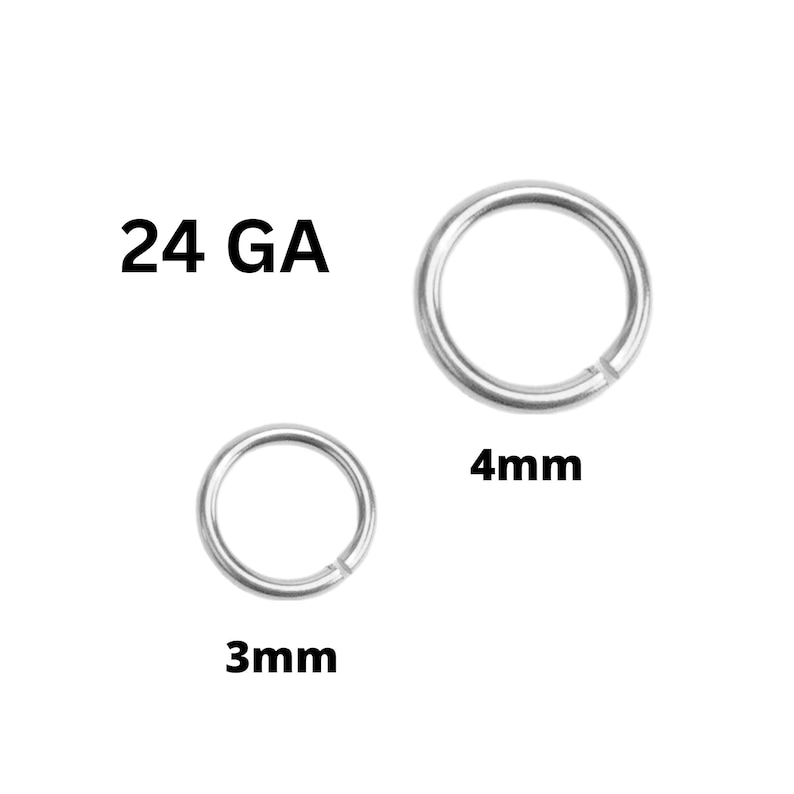 May include: Two silver jump rings, one 3mm and one 4mm, with the text "24 GA" above. These jewelry findings are used for crafting and jewelry making. The rings are open, ready to be connected.