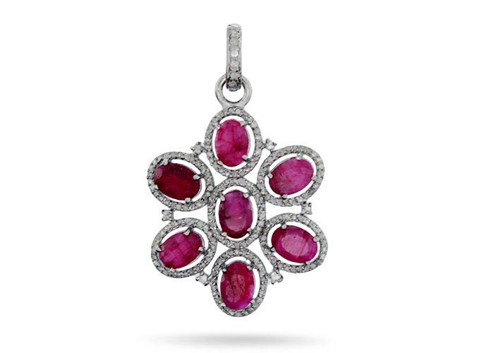置物 Ruby Sterling Silver, Pave Diamond & Ruby Flower Pendant, (7128-DRB