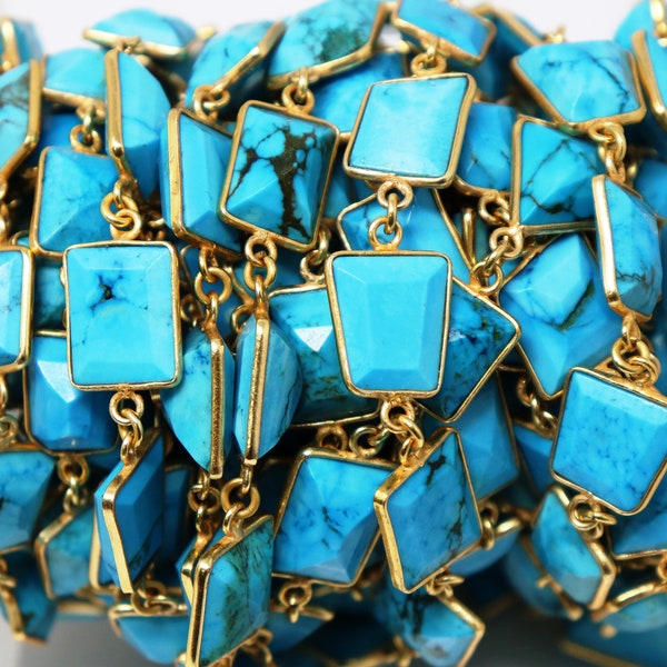 Turquoise Faceted Bezel Chain, 12x14 mm, Gold Plated, (186-TUR-BC)