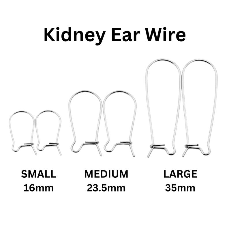 Peut inclure: Trois paires de crochets d'oreilles en forme de rein argent&eacute;s, de tailles petite (16 mm), moyenne (23,5 mm) et grande (35 mm). Le texte "Kidney Ear Wire" est affich&eacute;.