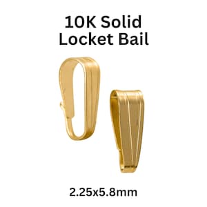 Puede incluir: Dos cierres de baíl para medallón de oro macizo de 10K, cada uno mide 2,25x5,8 mm. Los cierres están diseñados con un bucle en un extremo y una superficie plana ligeramente curvada en el otro.