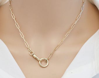 14K Solid Yellow Gold Paperclip Link Chain w/ Push In Clasp, Push In Closure, Dainty Paperclip Link Chain (14k-PPLC-3x9-C(16))