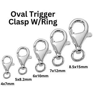 May include: Five silver oval trigger clasps with rings in various sizes. The clasps are 4x7mm, 5x8.2mm, 6x10mm, 7x12mm, and 8.5x15mm.
