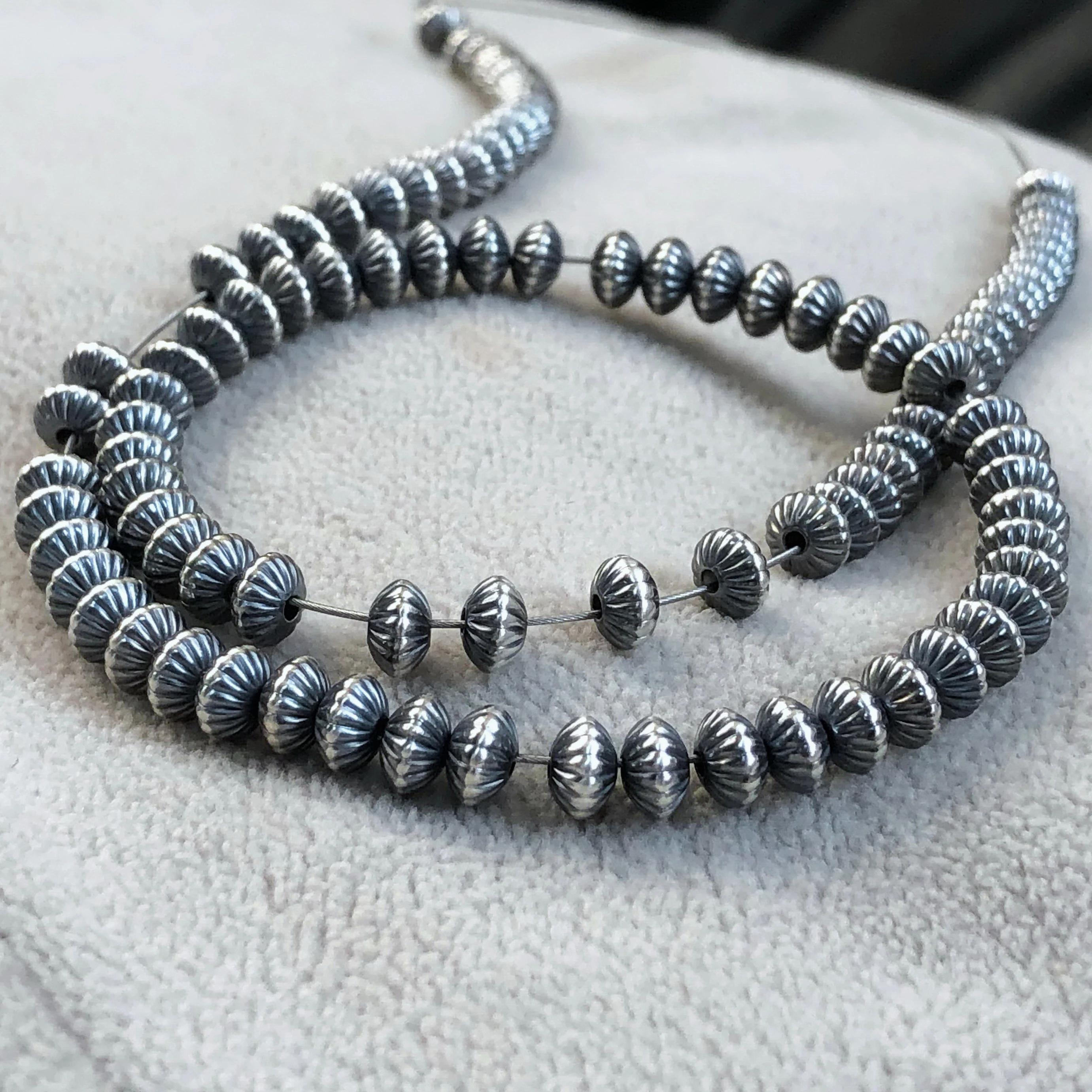 Navajo Pearls Sterling Silver Saucer Corrugated Beads, Oxidized