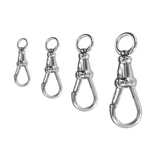 May include: Four silver-colored swivel snap hooks of varying sizes are arranged in a row. Each hook has a ring at the top, a swivel base, and a spring-loaded clasp. The hooks are made of shiny metal and are set against a white background.