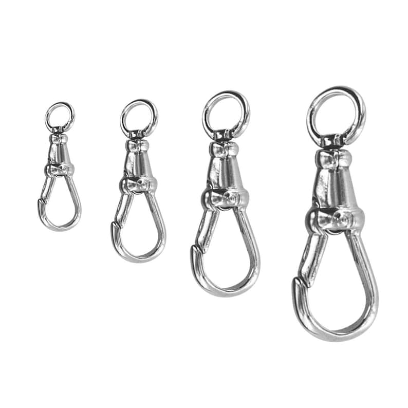 May include: Four silver-colored swivel snap hooks of varying sizes are arranged in a row. Each hook has a ring at the top, a swivel base, and a spring-loaded clasp. The hooks are made of shiny metal and are set against a white background.