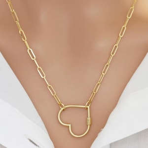 14K Solid Yellow Gold Paper Clip Finish Necklace w/ Heart Carabiner Clasp, 6x18.5 mm 14k-2.8x8(12)