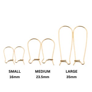 May include: Three pairs of gold earring wires in different sizes: small (16mm), medium (23.5mm), and large (35mm).