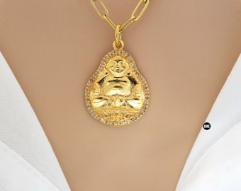 Sterling Silver, Pave Diamond Baby Laughing Buddha Pendant, Sitting Buddha Pendant (110-DPS)