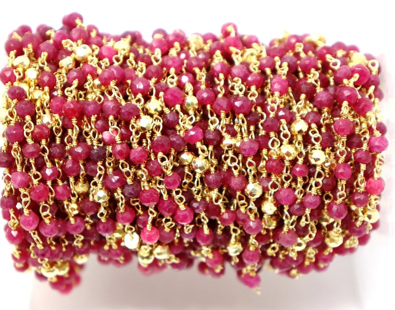 51-RBPY-RS Ruby and Gold Pyrite wire wrapped rosary chain,