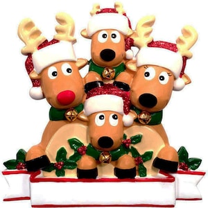 Personalized Reindeer Family of 4 Christmas Tree Ornament  - Cute Deer in Glitter Santa Hat Real Bell Tradition Gift Grand-Kids Rudolph