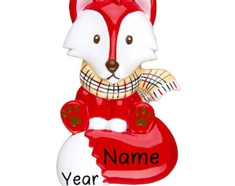 Red Fox Personalized Christmas Tree Ornament | Custom Writing Red Fox with scarf Ornament Gift