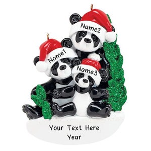 May include: A Christmas ornament featuring three pandas wearing Santa hats. The pandas are stacked on top of each other, with the largest panda on the bottom. The ornament is decorated with green glitter and the text "Your Text Here Year".