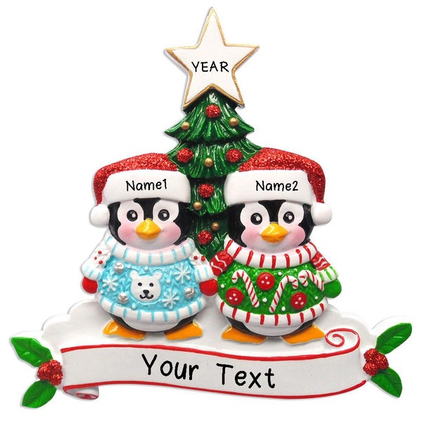 Personalized Ugly Sweater Penguin Family of 2 Christmas Tree Ornament - Cute Penguin Couple on the ice - Santa Christmas Tree Ornament