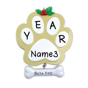 Tan Color Dog Paw Personalized Christmas Tree Ornament 2024 | Custom Writing Tan Dog Paw with Bone Ornament Gift