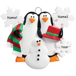Personalized Happy Family Penguins Making Snowman Christmas Tree Ornament Present Gift Christmas Personalized Ornaments 2024 (Family of 2)