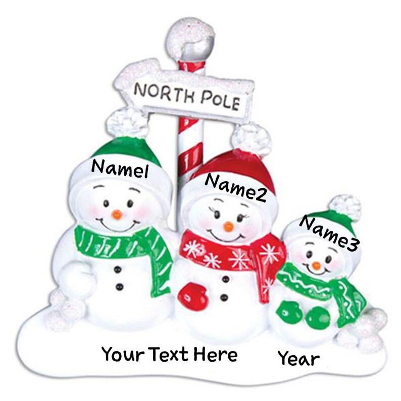 Personalized North Pole Family of 3 Christmas Tree Ornament | Snowman ...