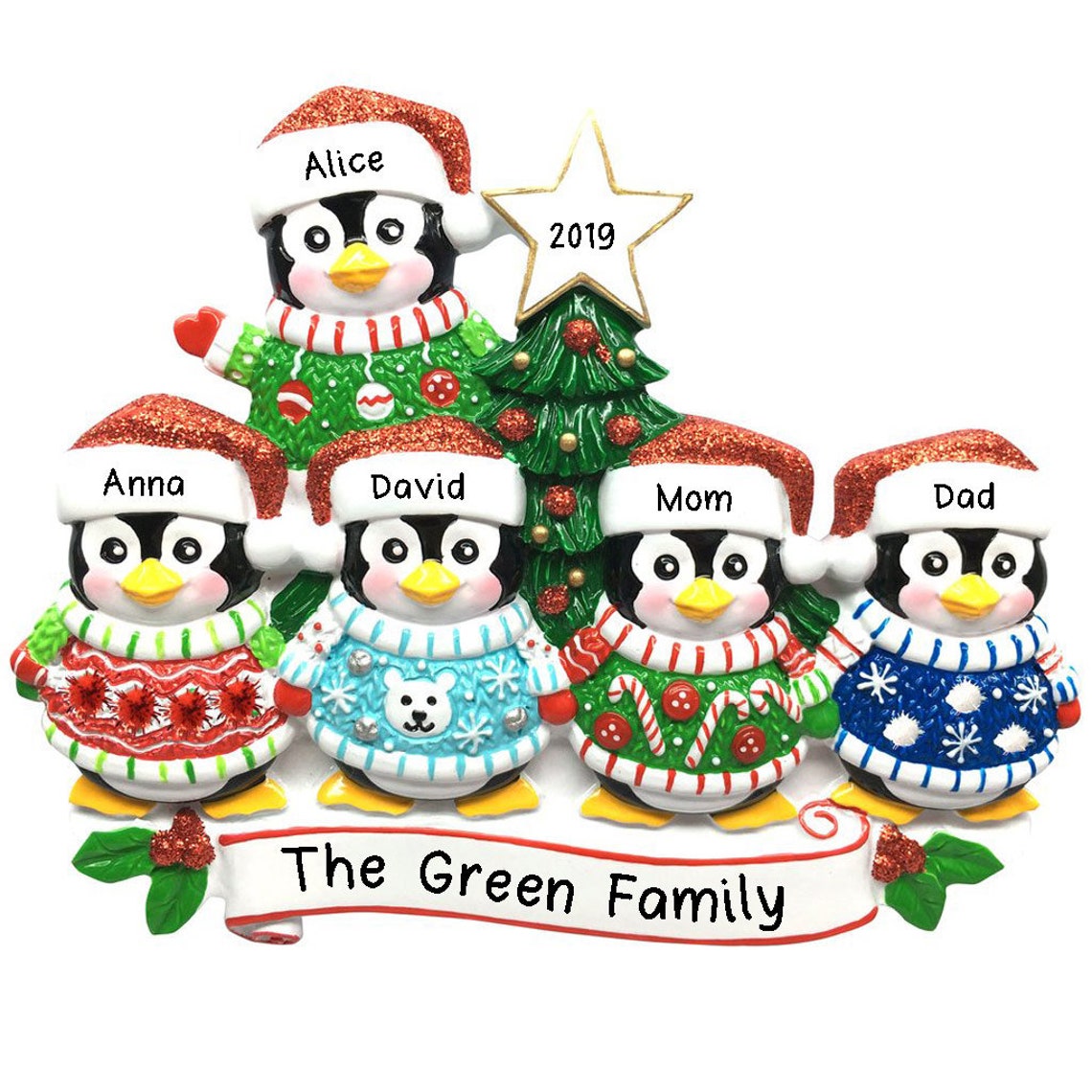 Personalized Ugly Sweater Penguin Family of 5 Christmas Tree Ornament ...
