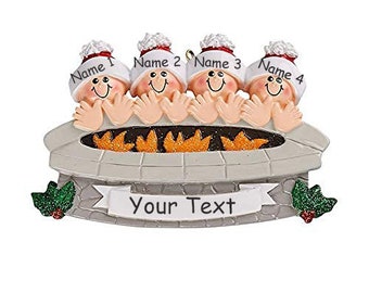 Personalized Family of 4 Heads Sitting around the Fire Pit on the Christmas Tree camping backyard Ornament Family with 4 people Gifts 2023