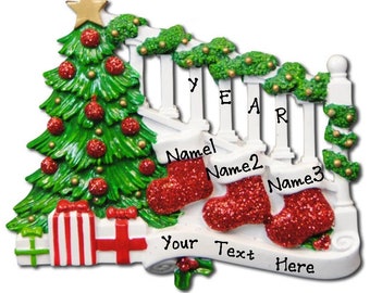 Personalized Red Stocking Family of 3 Christmas Ornament - Custom Writing for Couple Sparkly Stocking Stairs Christmas Tree Ornaments